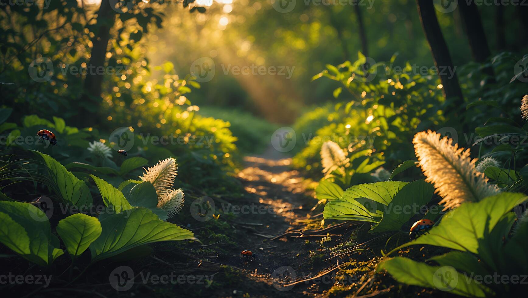 Path Through Sunny Forest with Green Plants and Insects photo