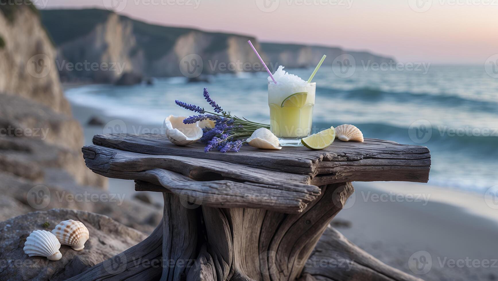 Summer Cocktail on Driftwood Table with Lavender and Seashells photo