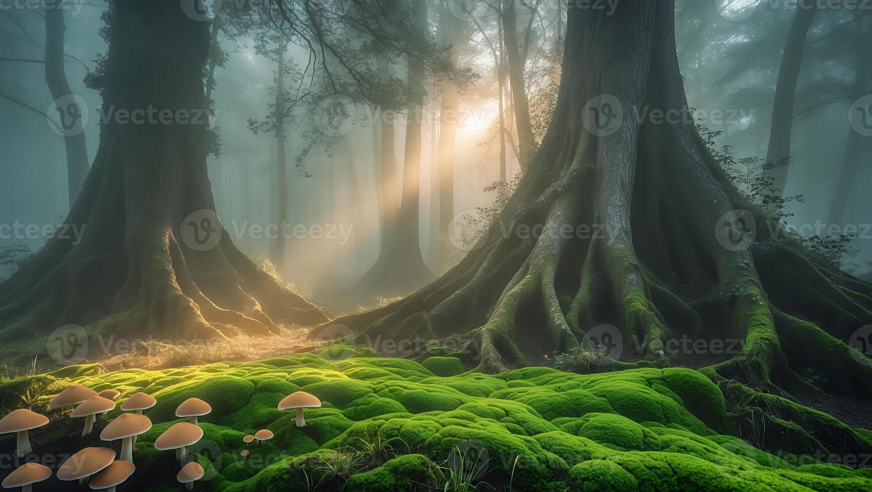Mystical Forest Scene with Trees Moss and Mushrooms photo