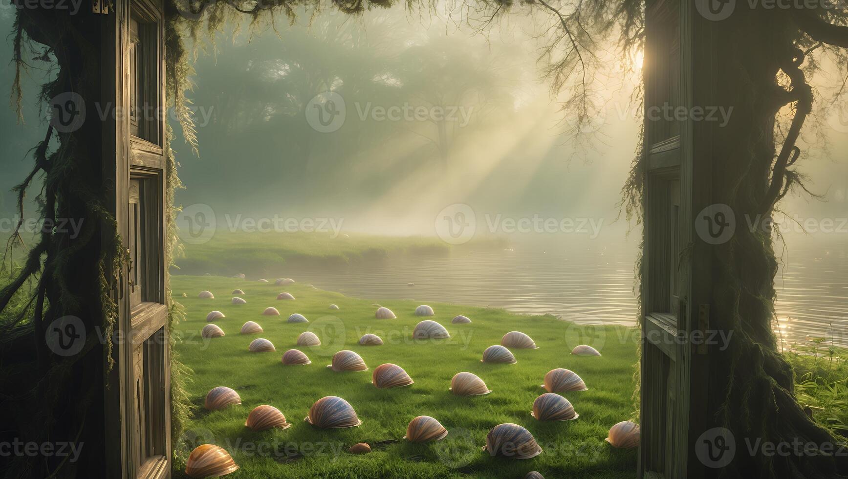 Shells on Grass Near Lake Seen Through Open Door photo