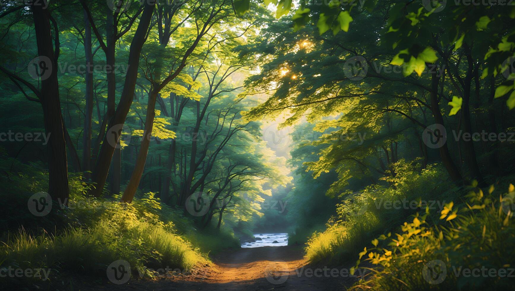Sunlit Path Through Green Forest and Small Stream photo