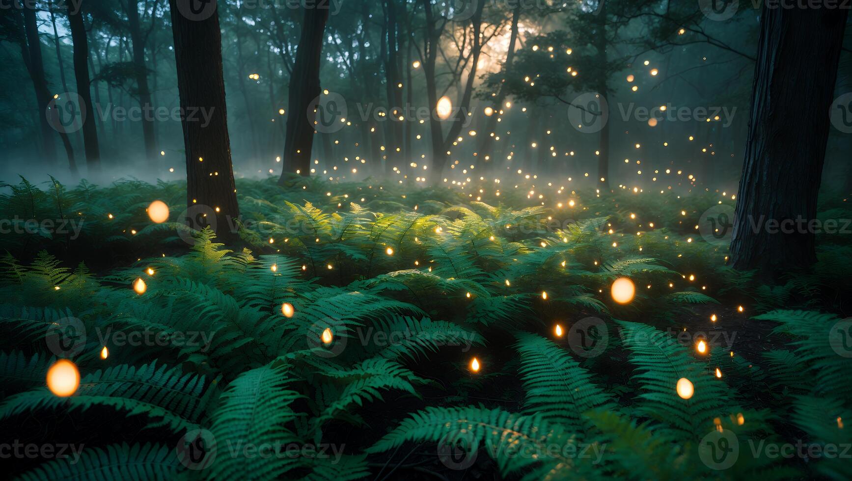 Forest Ferns with Fireflies at Twilight photo