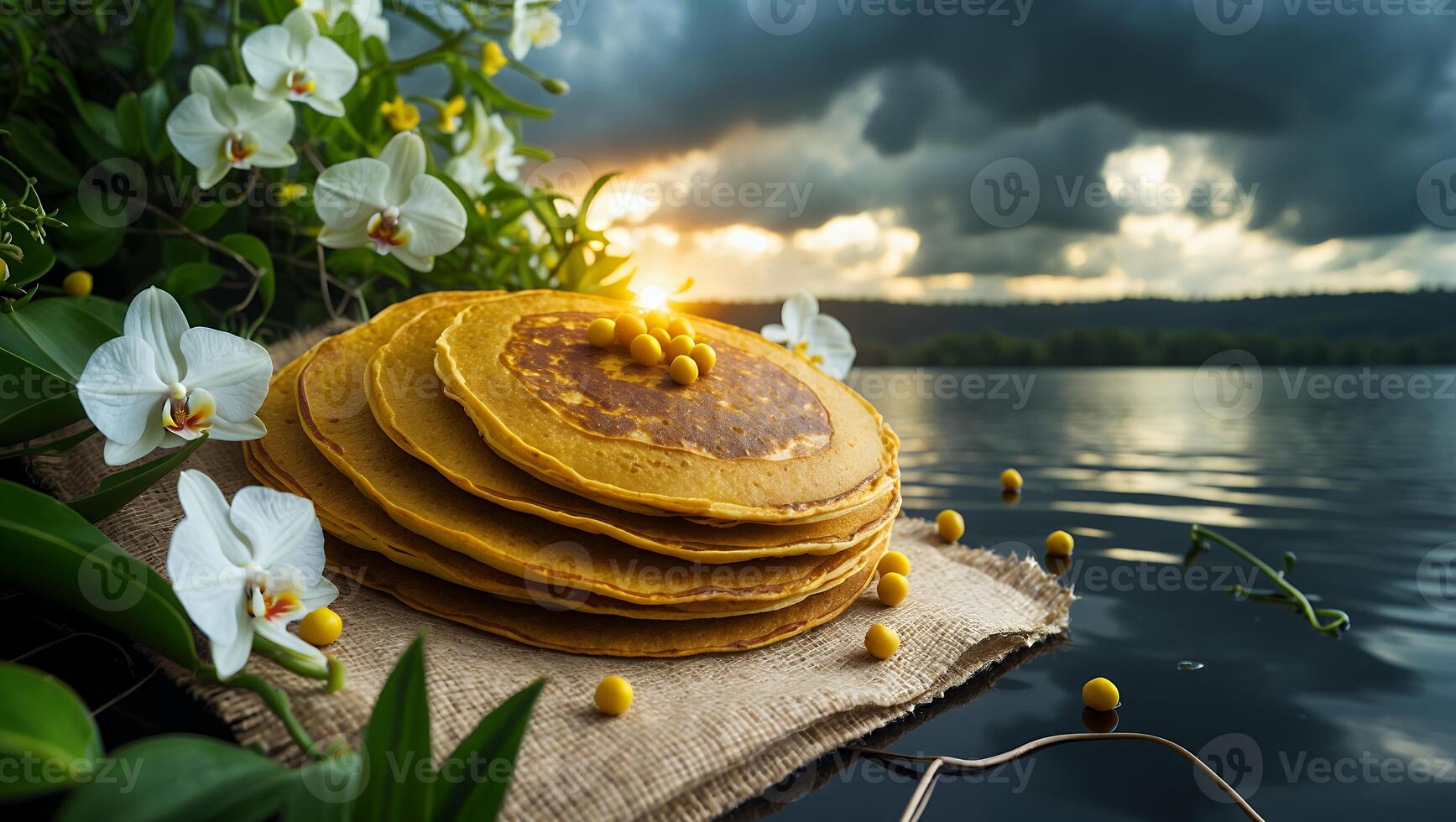 Pancake Stack with Yellow Berry and White Orchid Beside the Lake photo