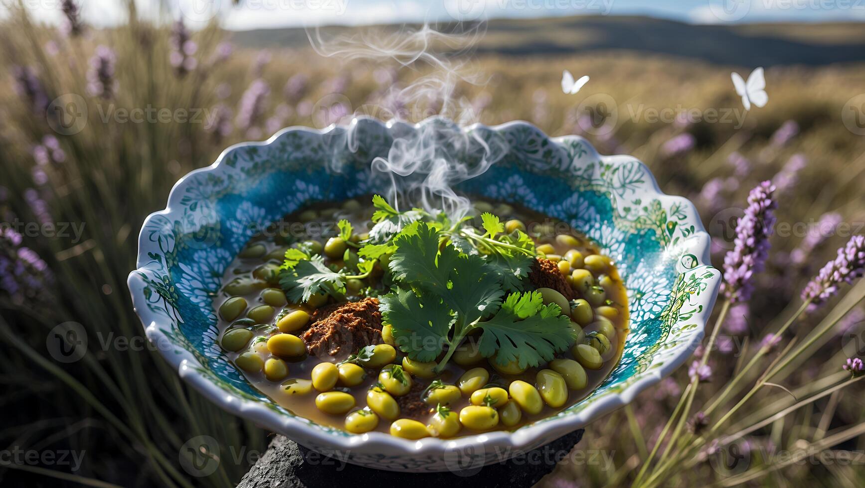 Bowl of Green Bean Soup in Lavender Field photo