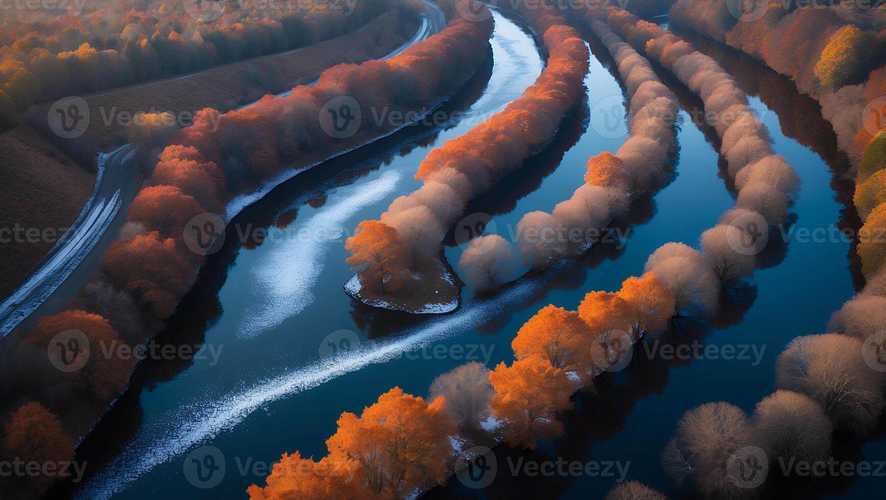 River with Autumn Trees Landscape Aerial View photo