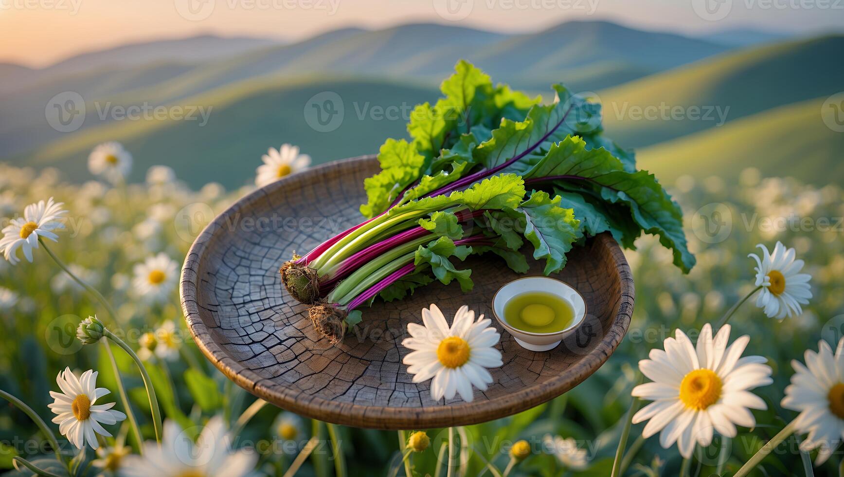 Fresh Beet on Wooden Plate with Daisies on Sunny Day photo