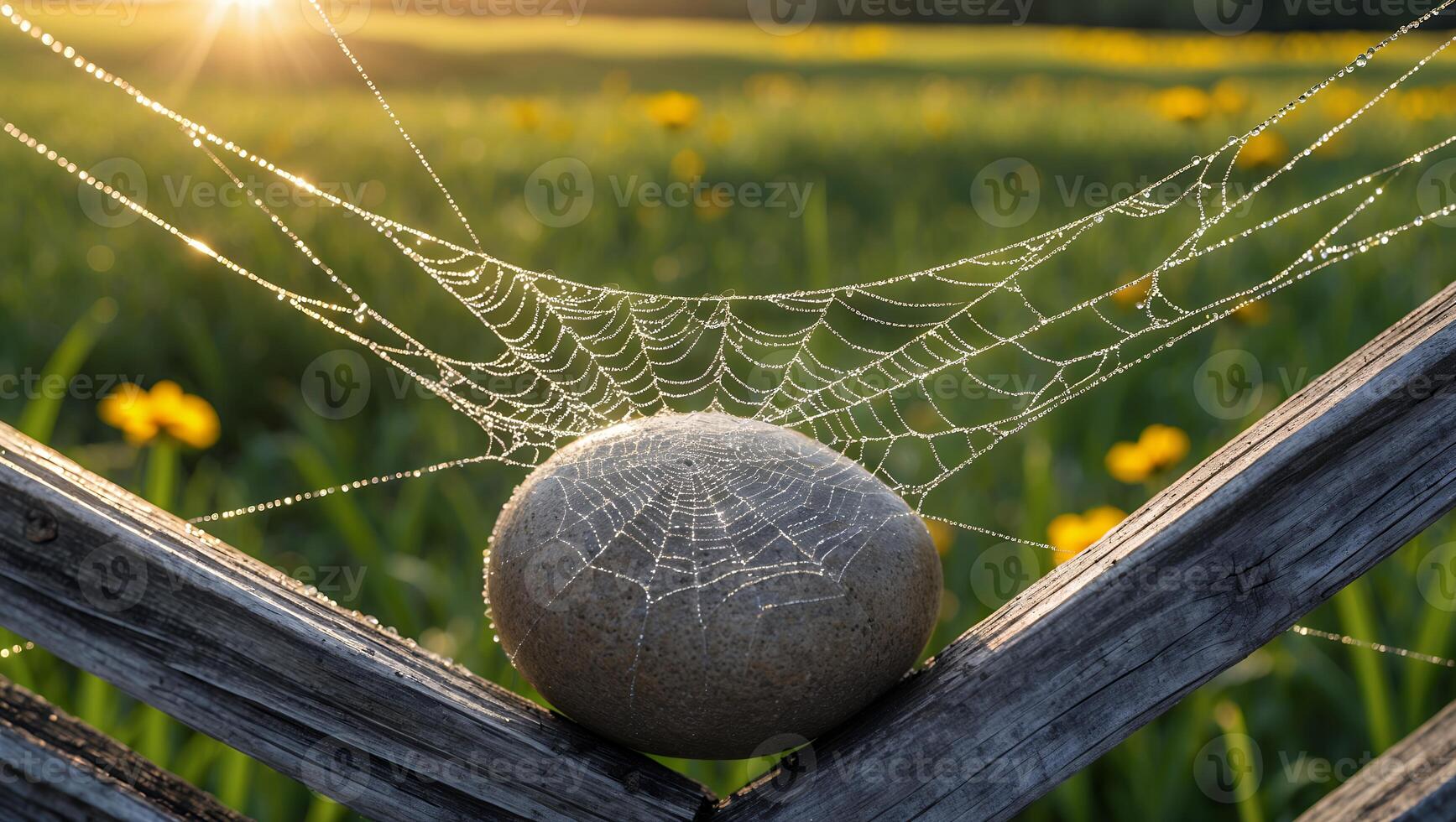Dew Covered Spider Web on Rock Resting on Fence photo