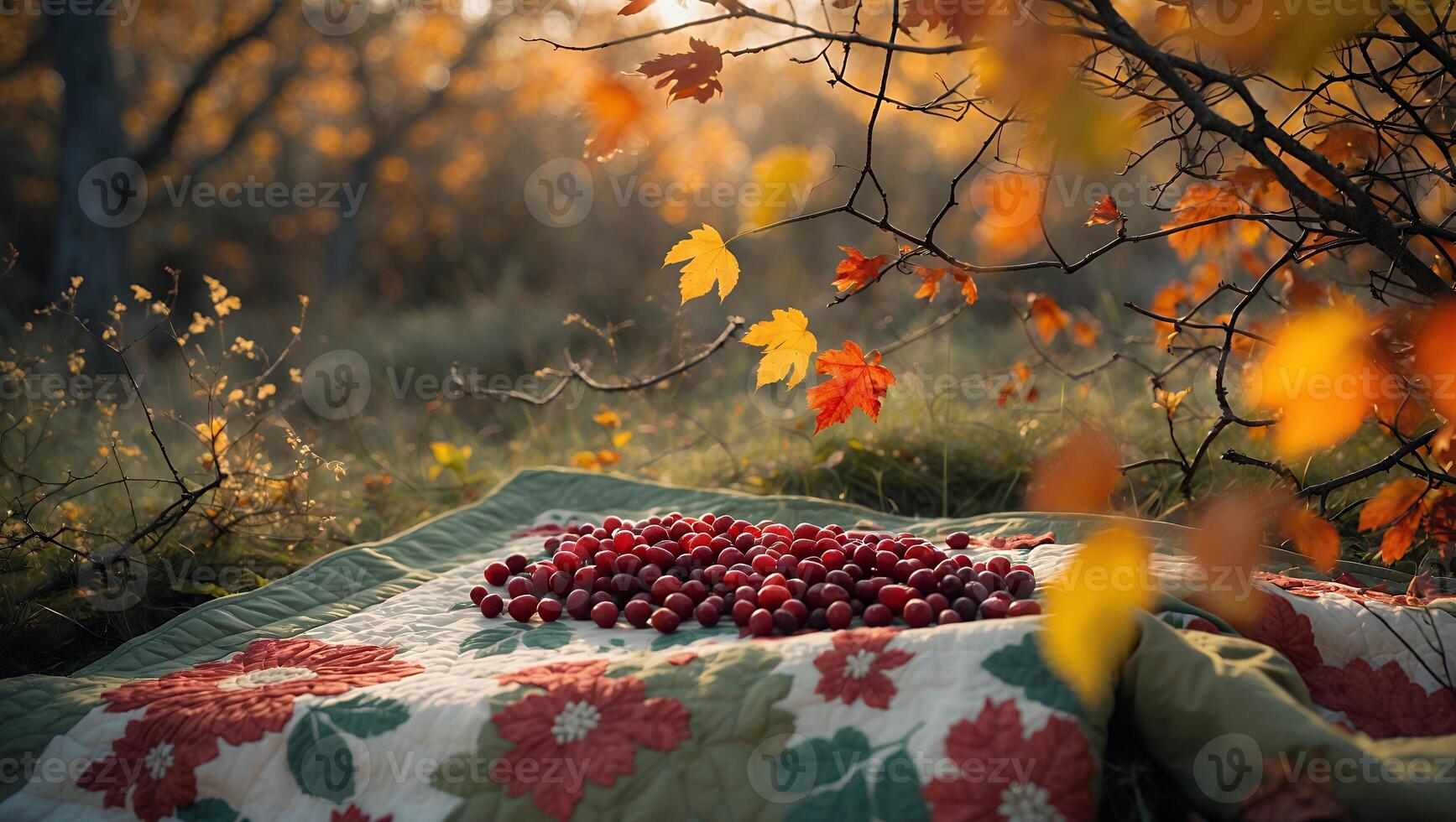Cranberries on Blanket with Autumn Leaves photo