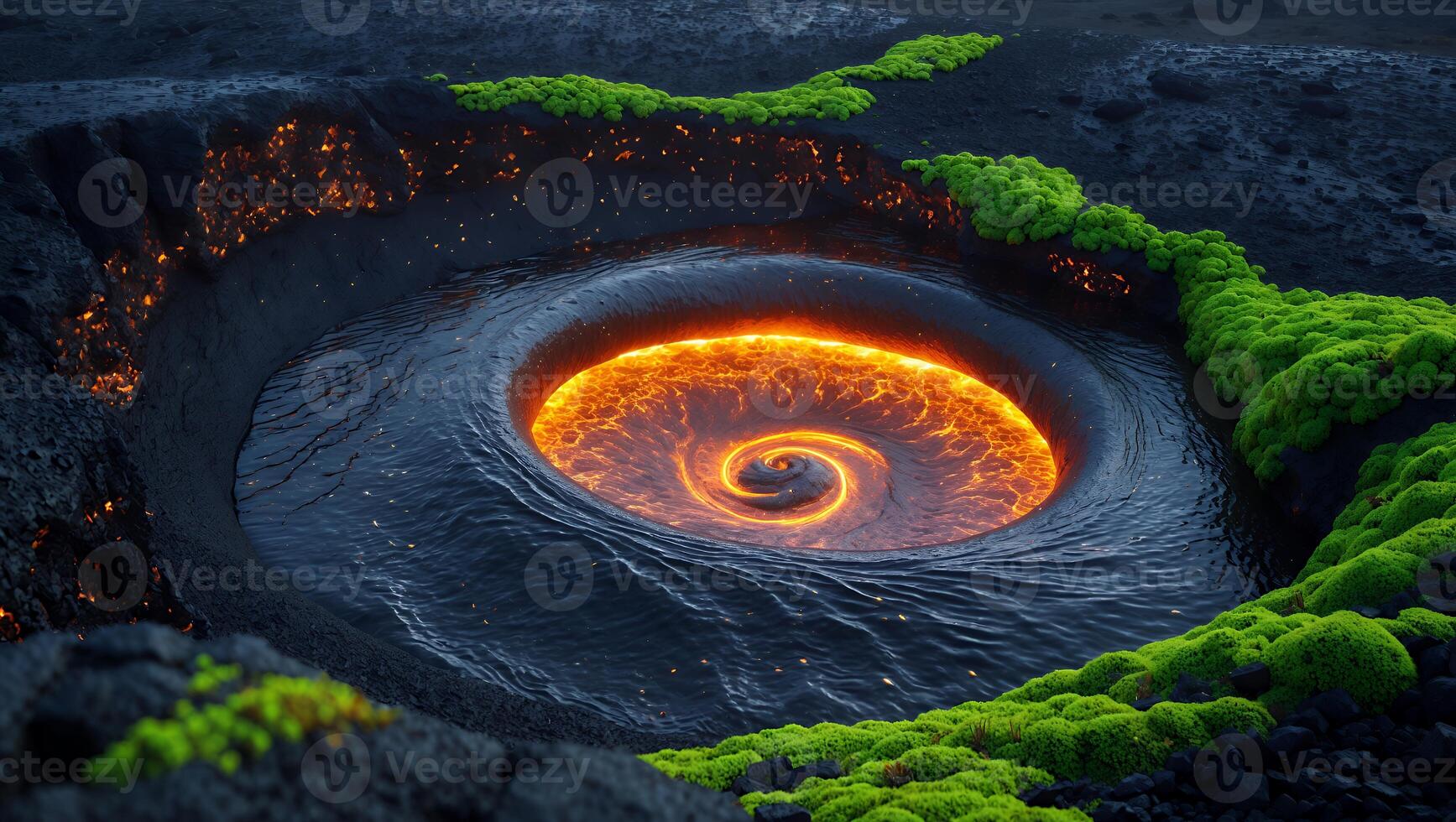 Whirlpool with Lava Landscape and Green Mossy Ground photo