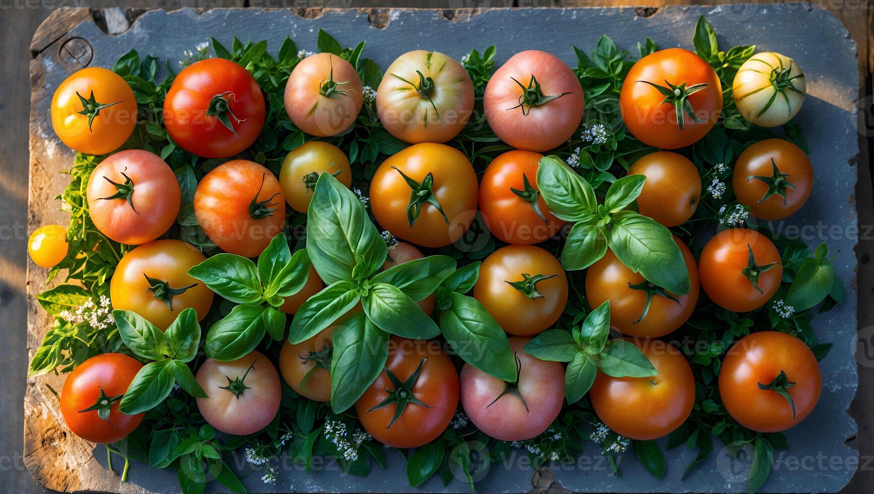 Fresh Tomatoes and Basil on a Stone Surface photo