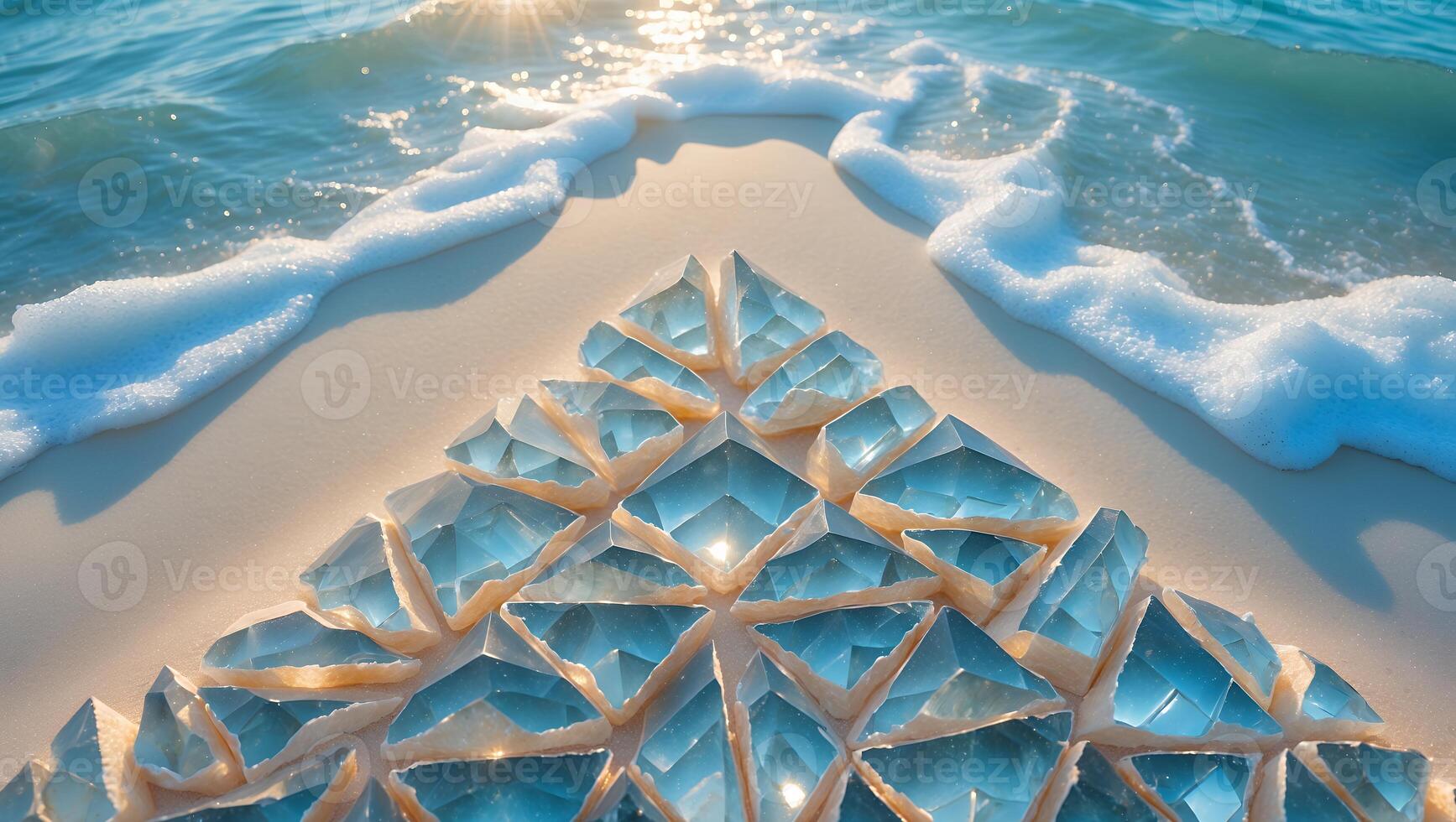 Crystal Pyramid on Beach with Ocean Waves and Sunlight photo