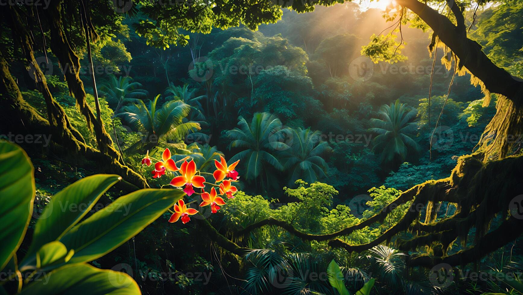 Lush Jungle Foliage with Red Tropical Flower and Soft Sunlight photo