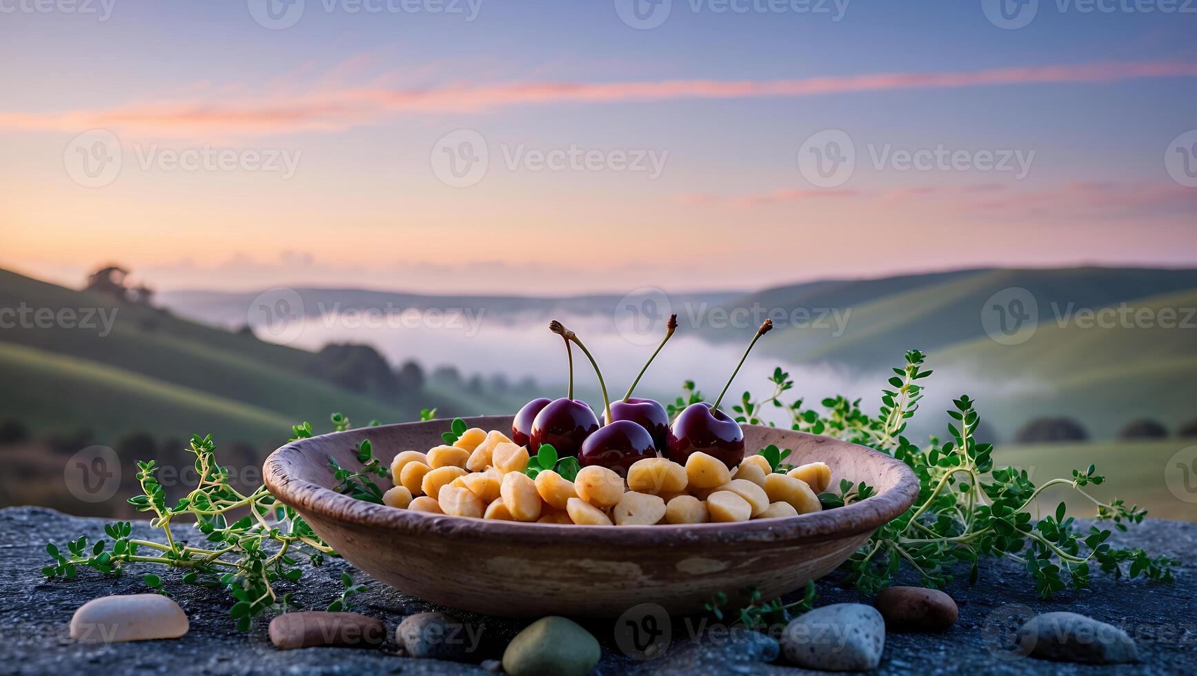 Cherries and Macadamia Nuts on a Clay Plate at Sunrise photo
