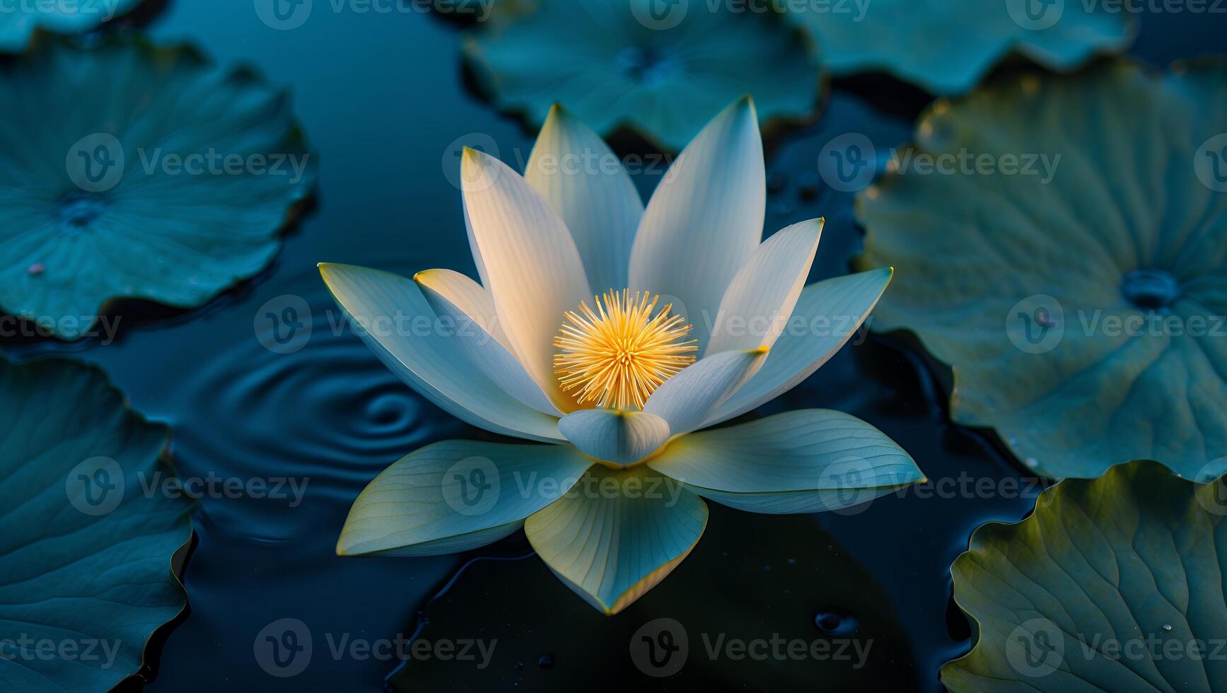 White Lotus Flower in Pond with Lily Pads photo