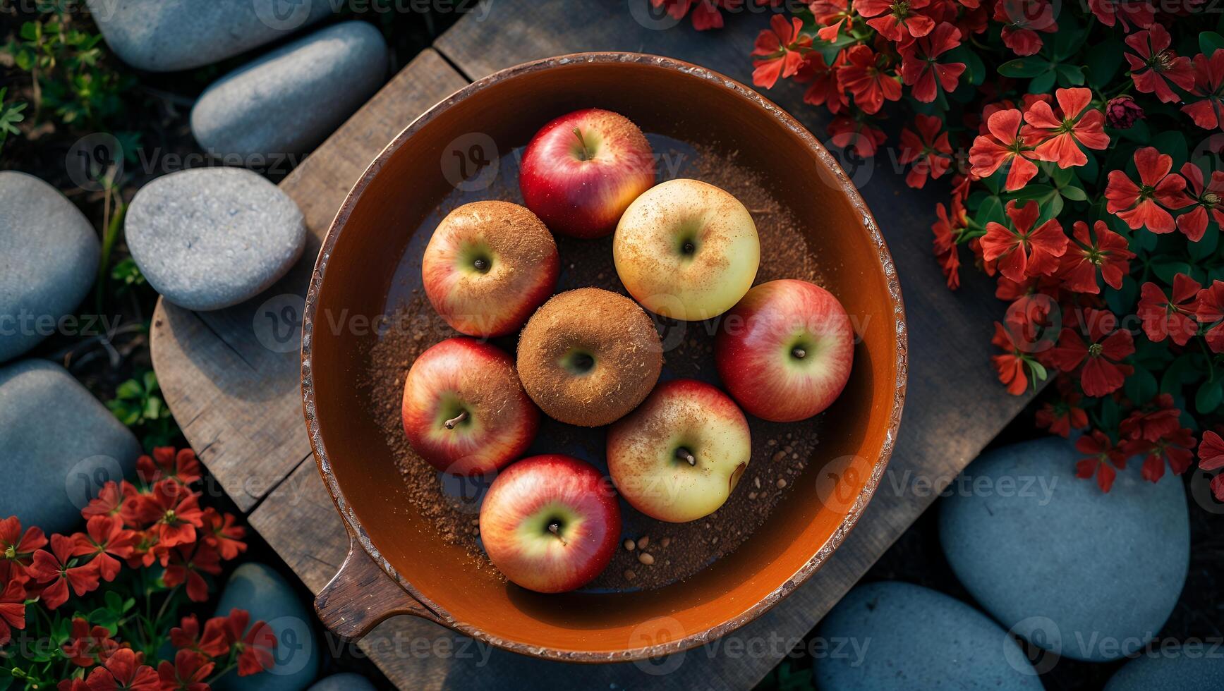 Apples in Bowl with Cinnamon, Rocks and Red Flowers photo