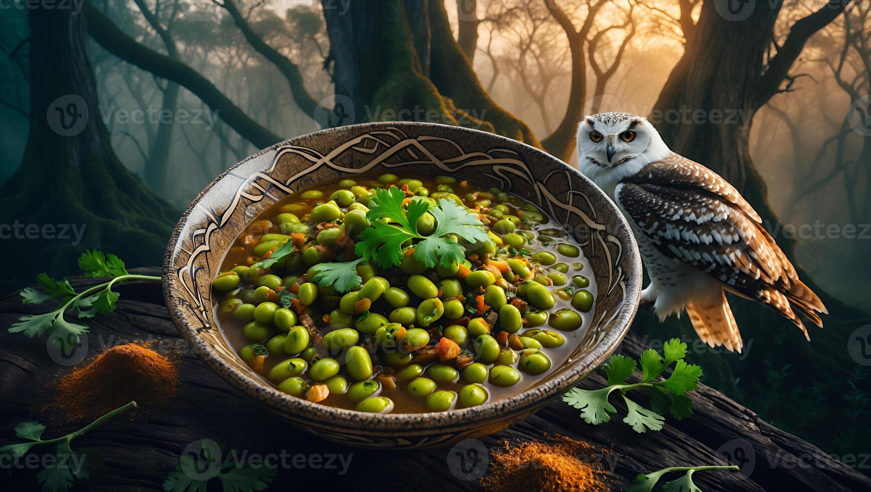 Bowl of Beans with Owl in Forest Setting photo