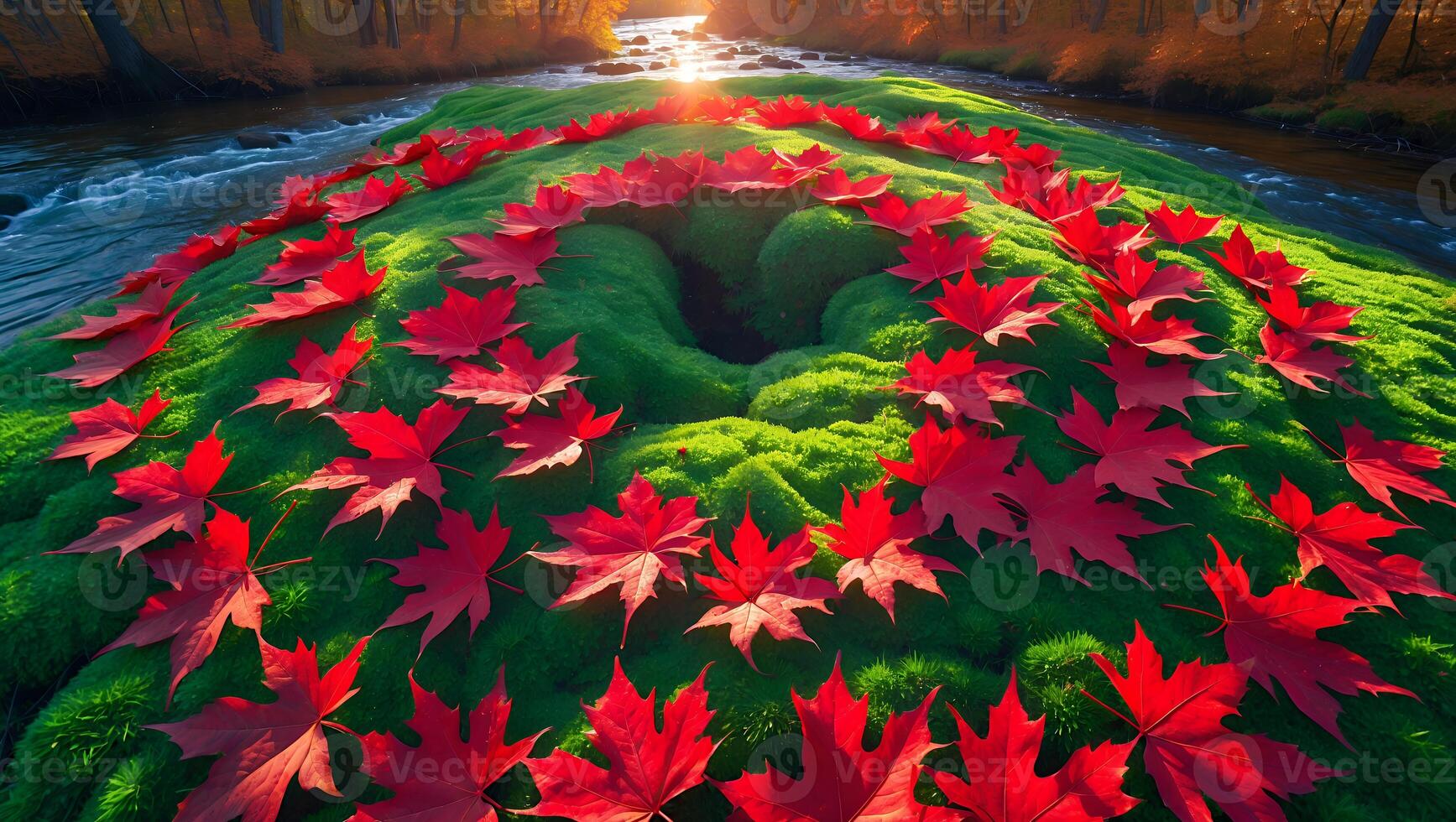 Red Maple Leaves on Mossy Hill by River in Autumn Landscape photo