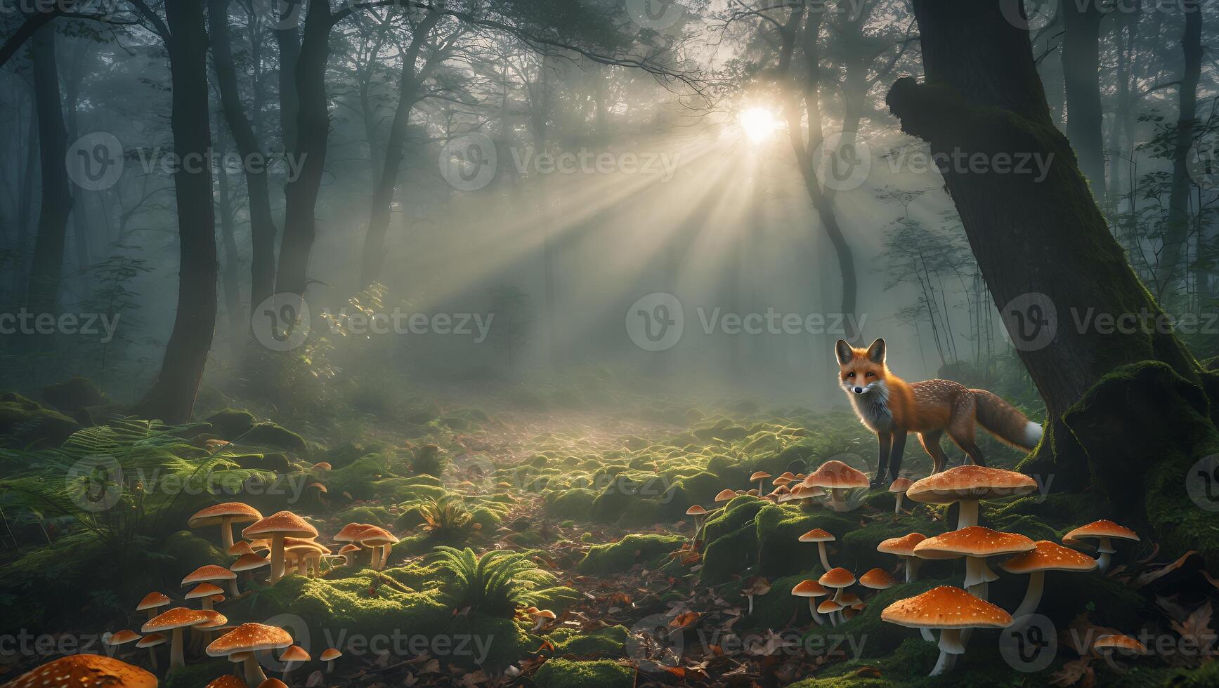 Fox in Misty Forest with Mushrooms and Sun Rays photo