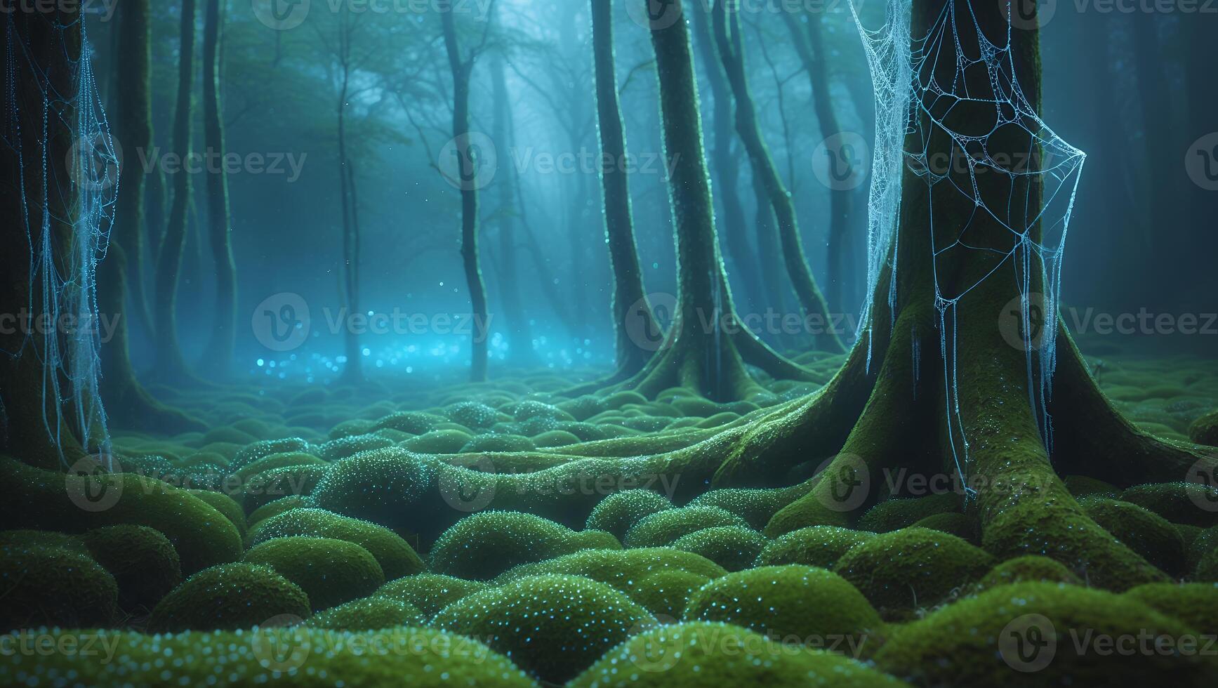 Misty Forest with Green Moss and Spiderweb photo