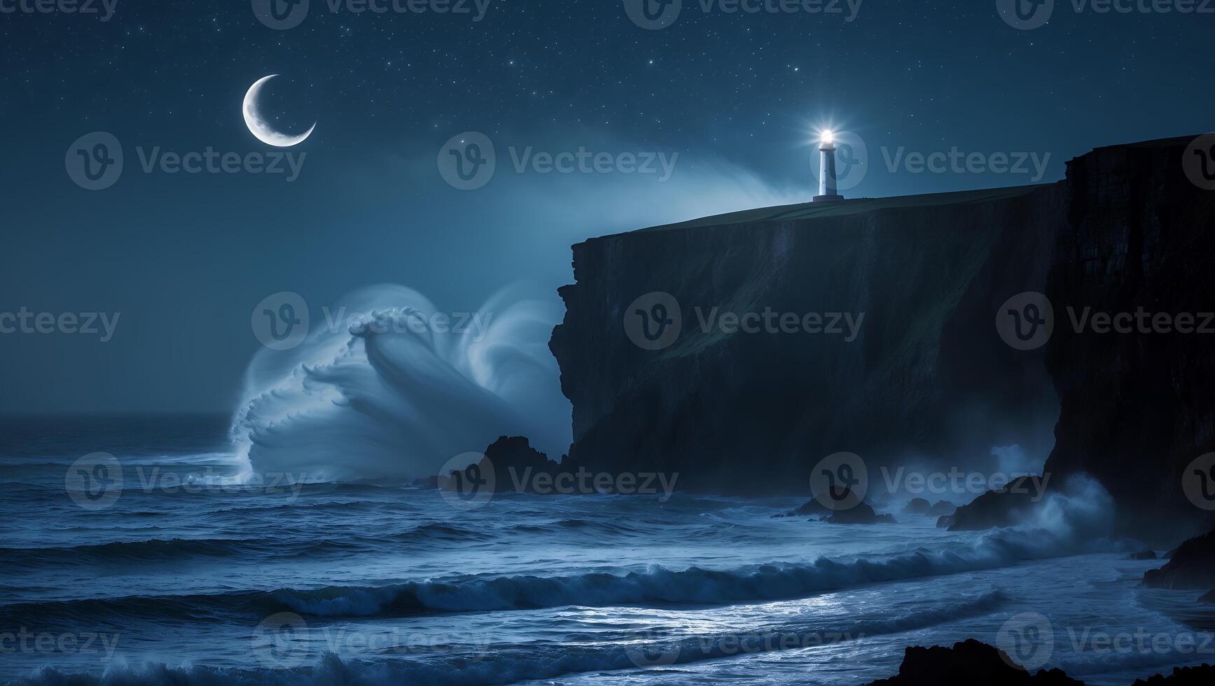 Lighthouse on Cliff with Moon and Ocean Waves photo