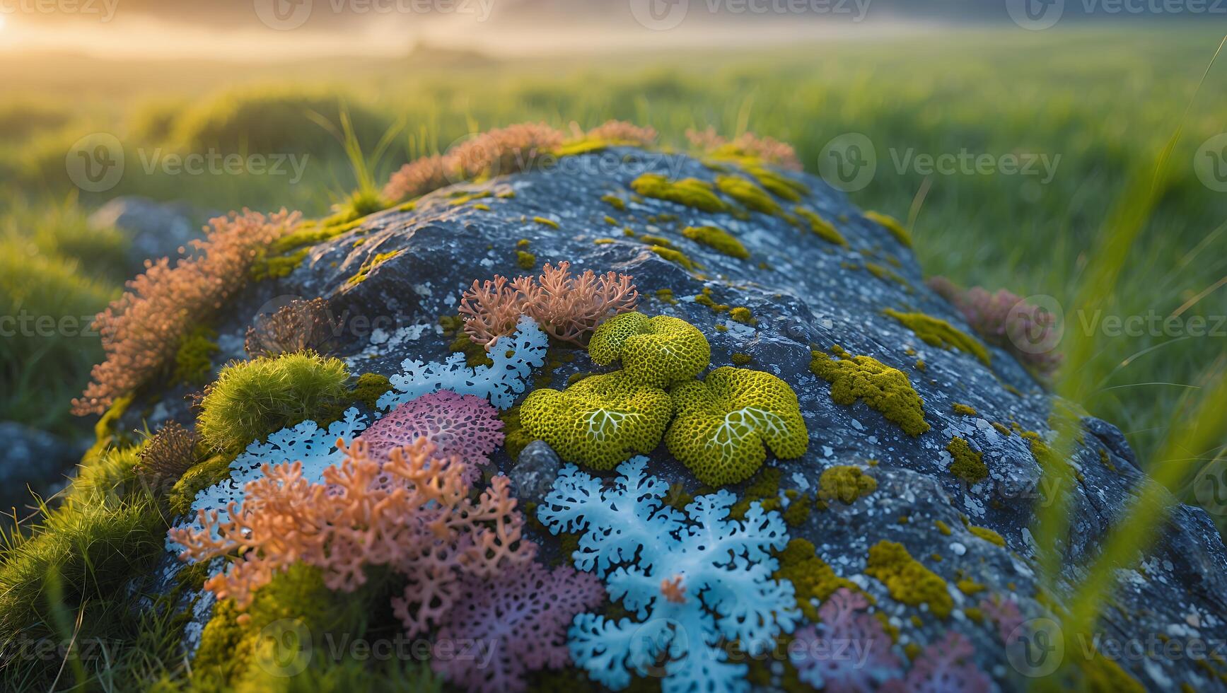 Colorful Lichen Growing on a Rock in a Green Field at Sunset photo