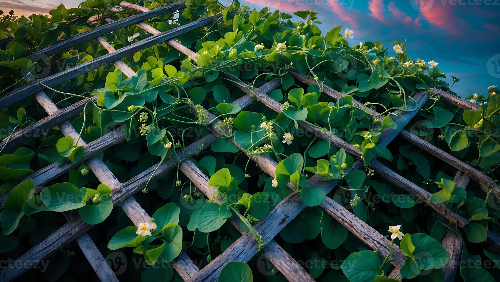 Vine on Lattice Against Sky Background photo