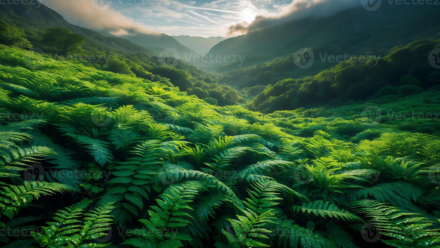 Lush Green Fern Forest in Misty Mountain Valley Scenery photo