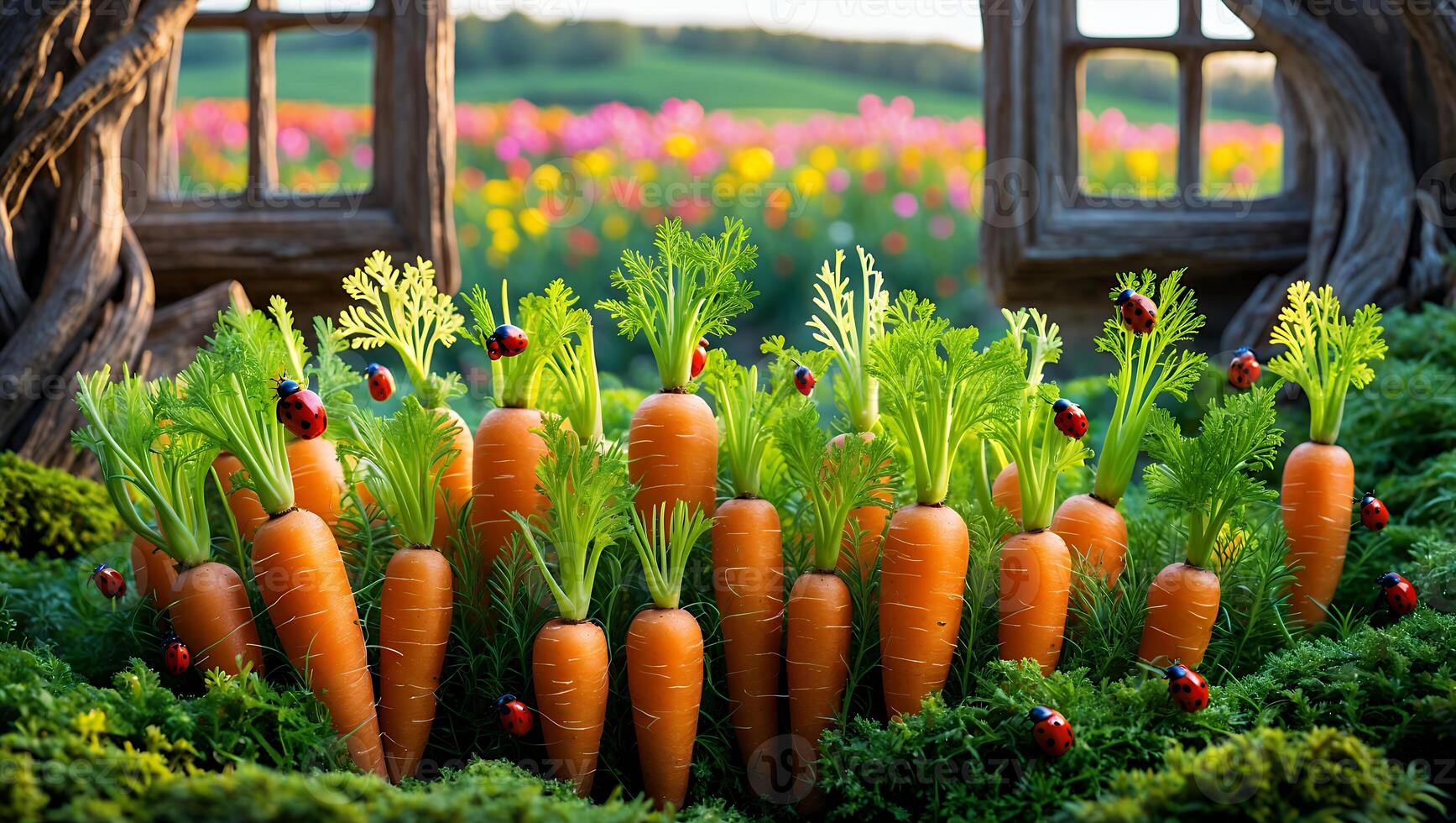 Carrots with Ladybugs in Garden with Colorful Flowers photo