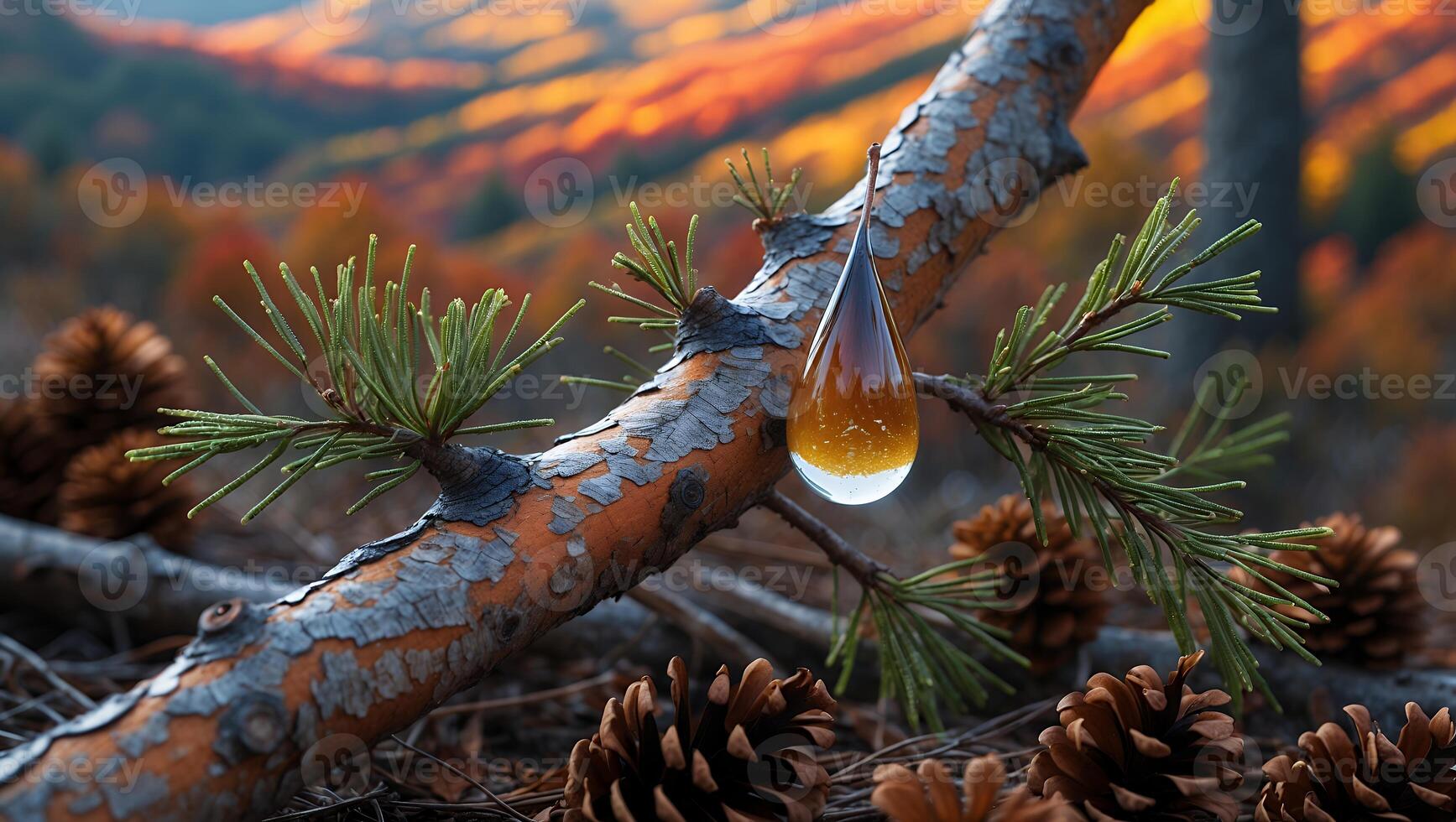 Pine Tree Sap on Branch with Cone photo