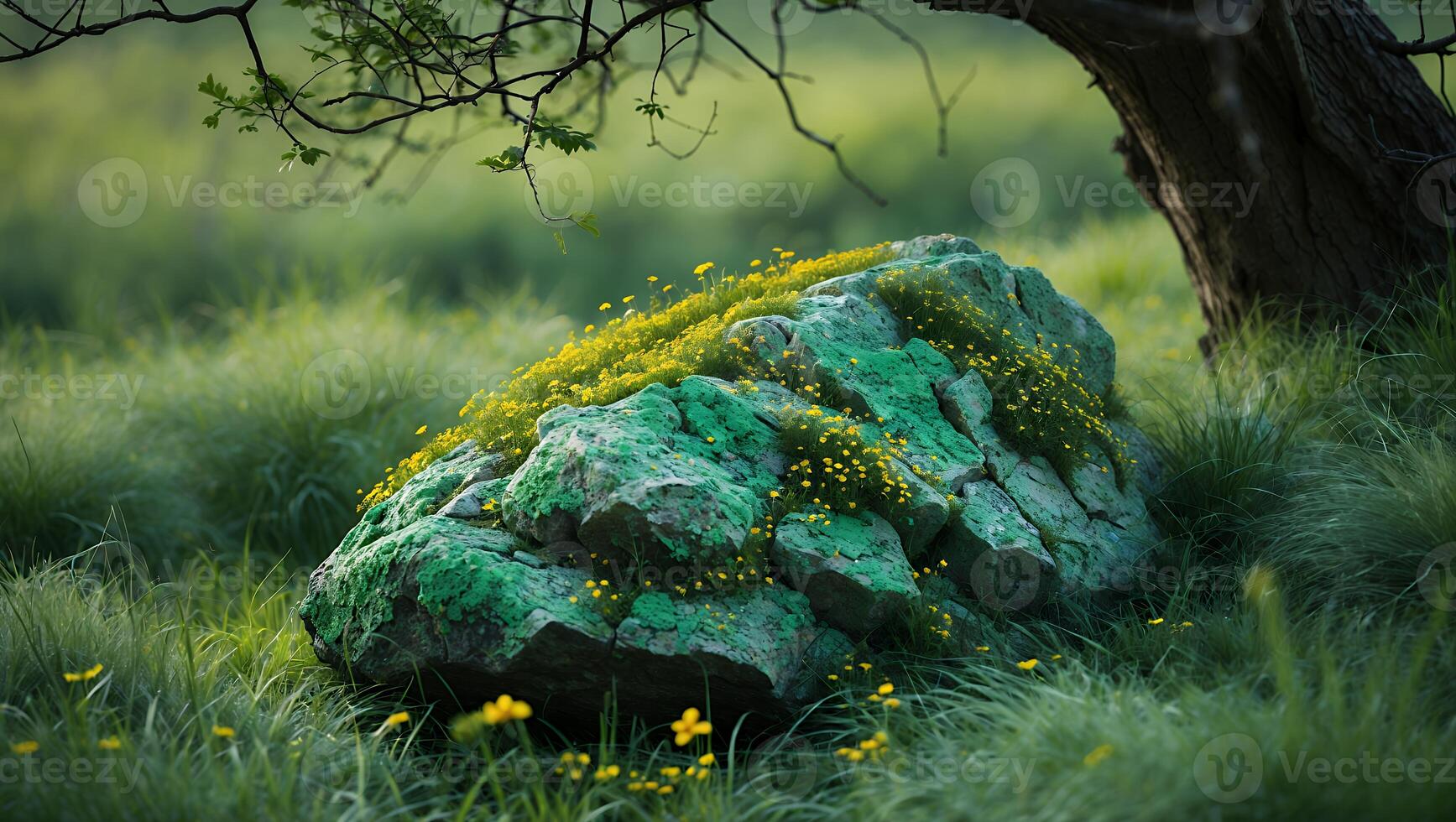 Mossy Rock with Flowers in Grassy Field photo
