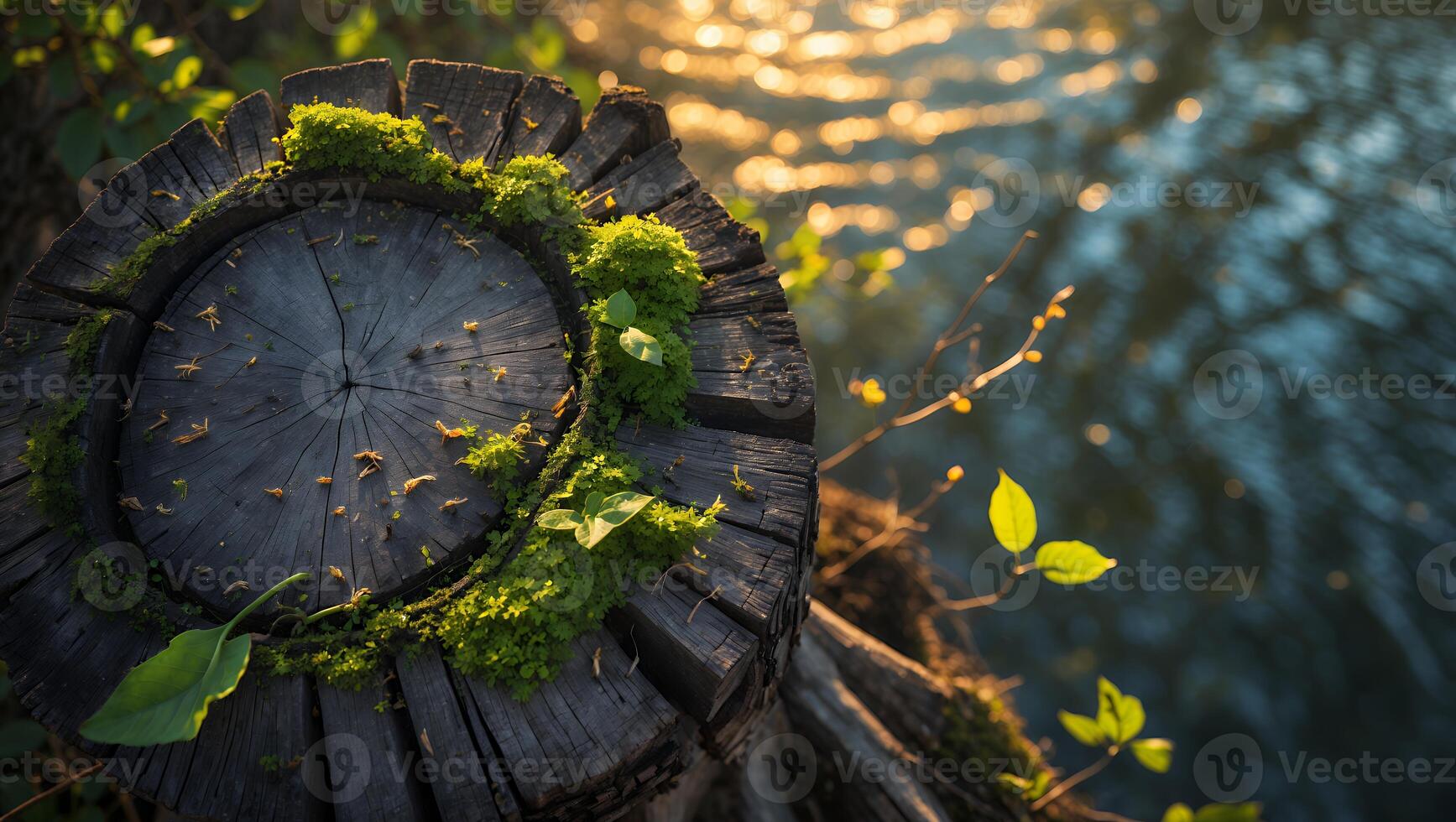 Tree Stump with Moss Near Water in Forest photo
