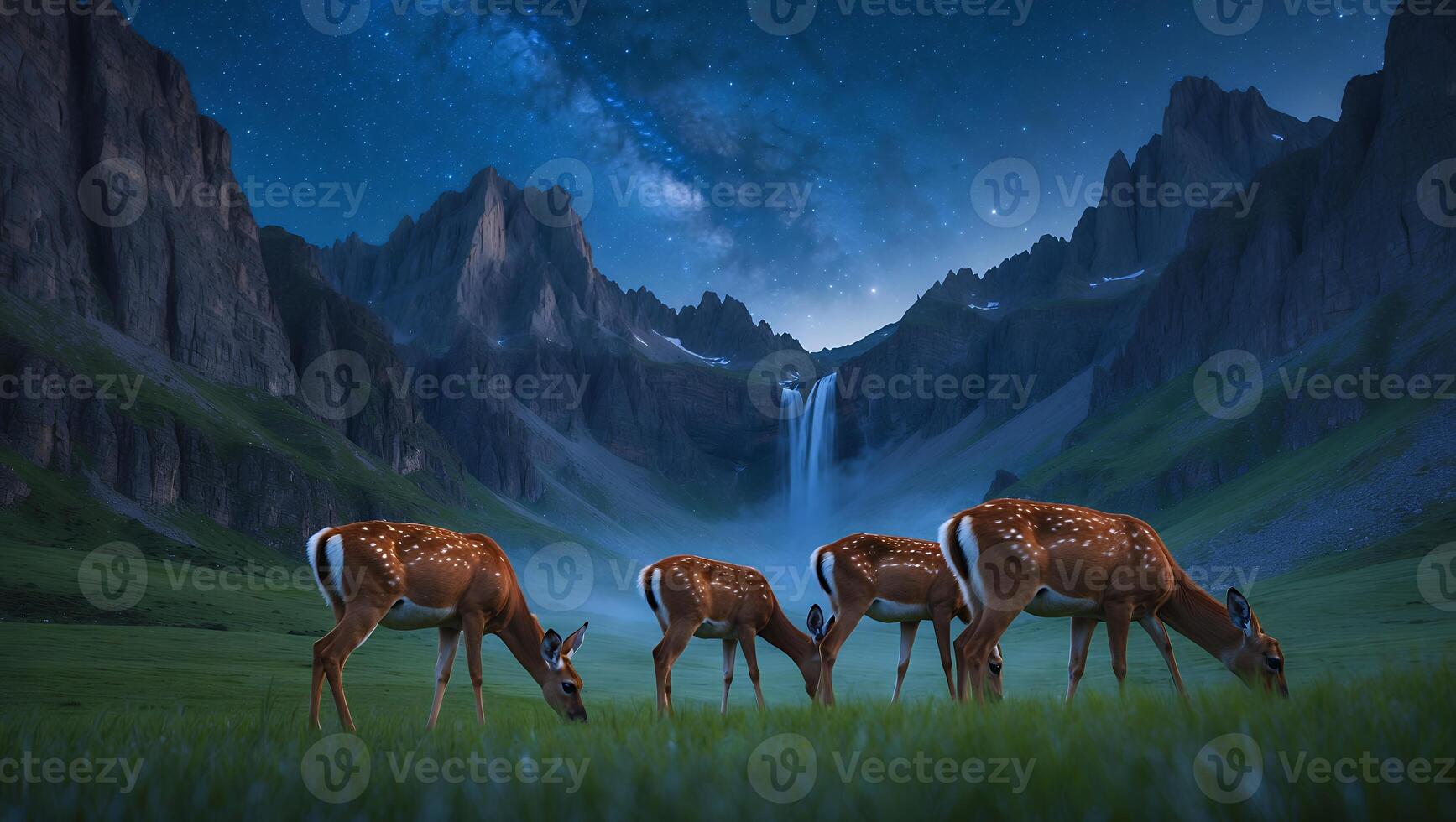 Grazing Deer Herd at Night with Waterfall and Starry Sky photo