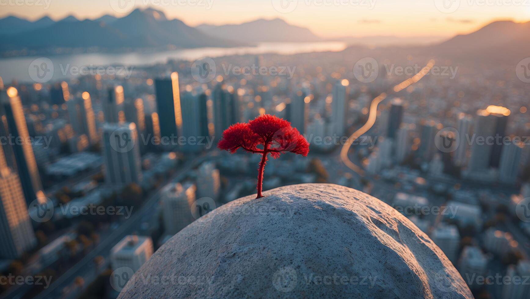 Lone Red Tree on Hill Overlooking Cityscape at Sunset photo