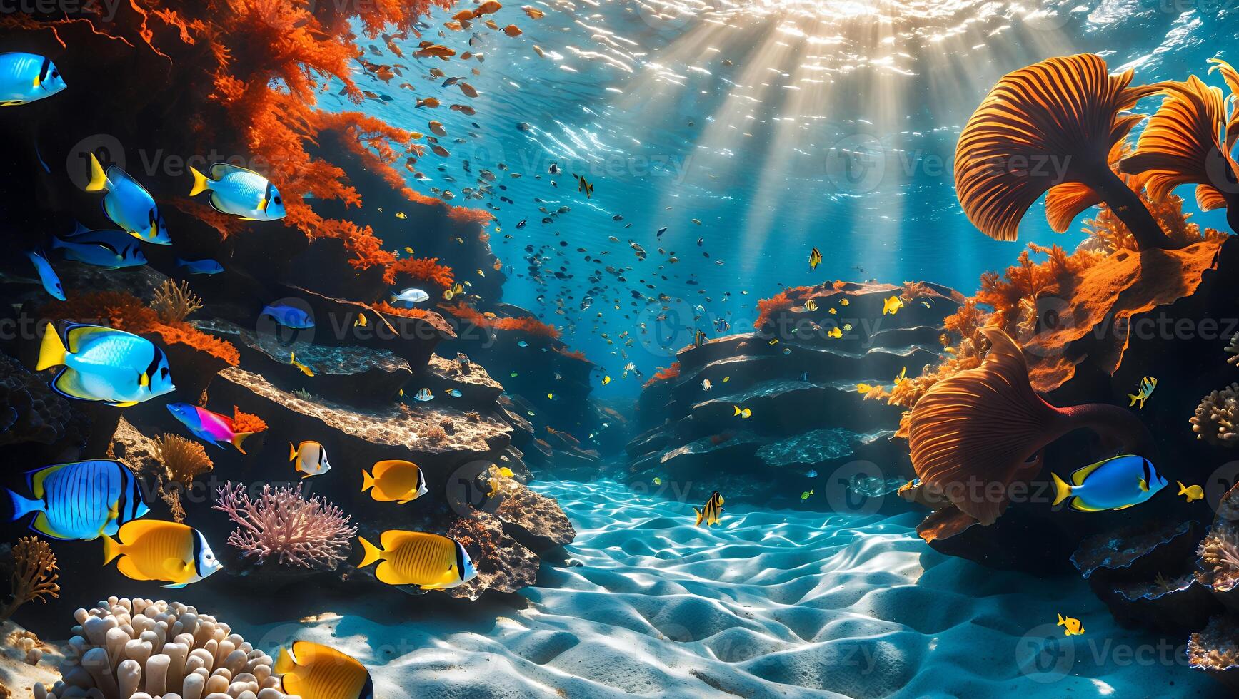 Exploring Underwater Coral Reef with Fish and Sun Rays Shining Through photo