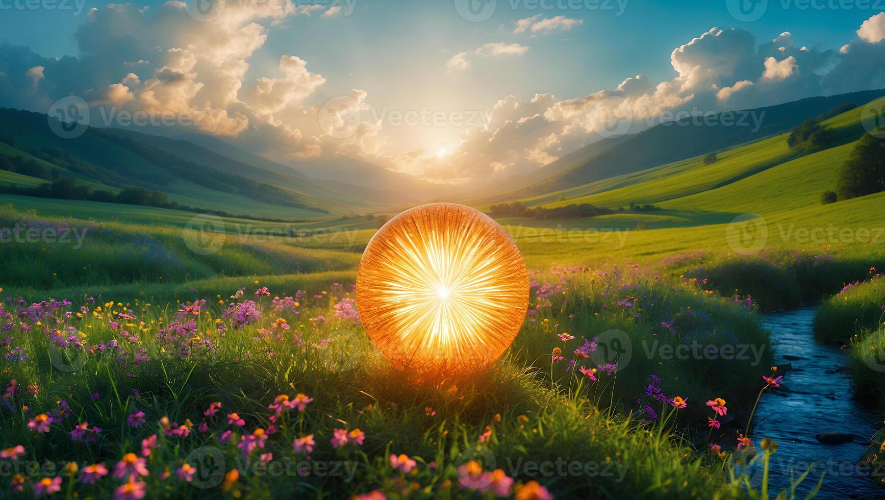 Glowing Orb in Grassy Meadow with Flowers and Stream Landscape photo