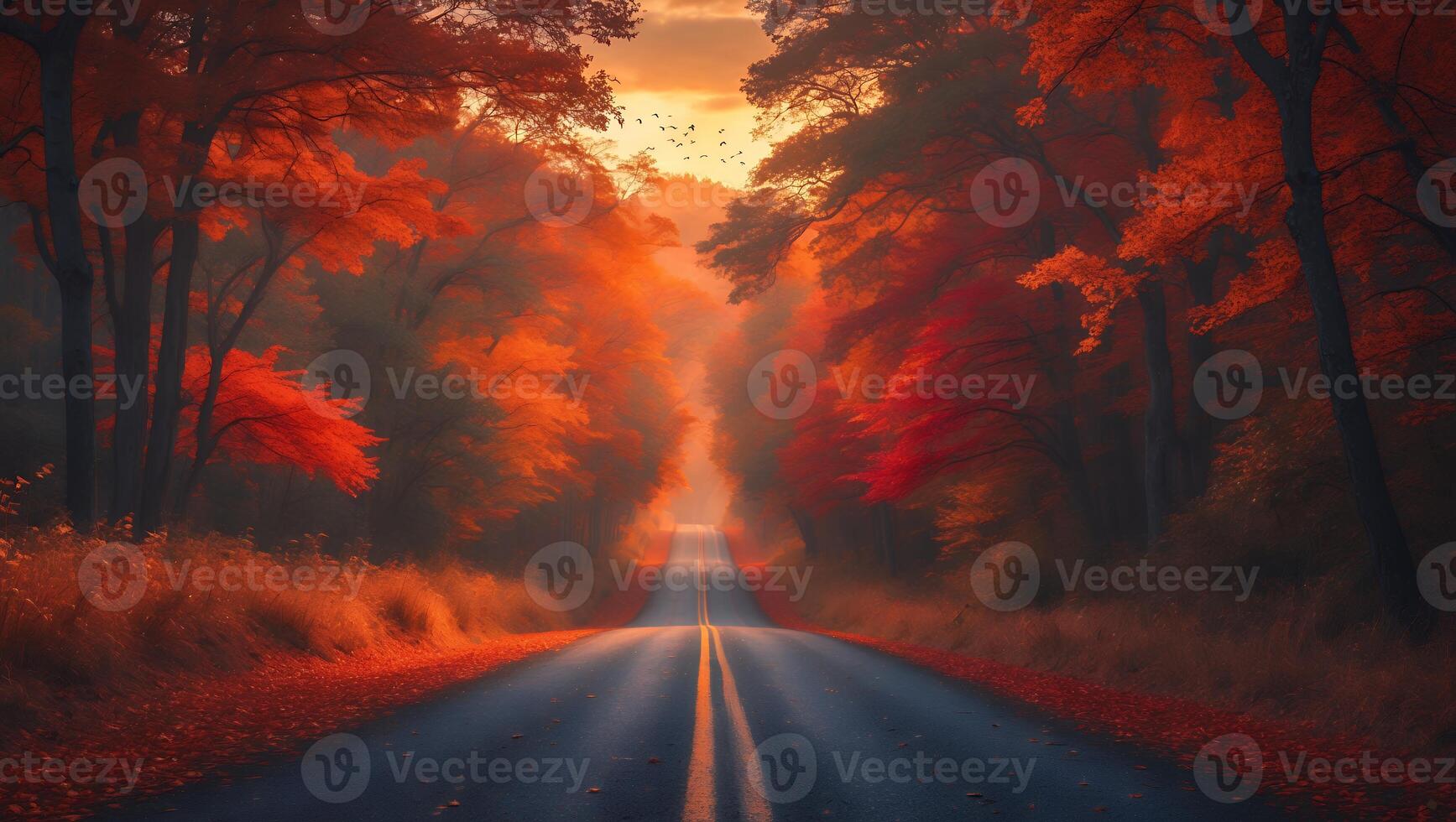Driving Down Autumn Road with Colorful Trees and Sky Backdrop photo