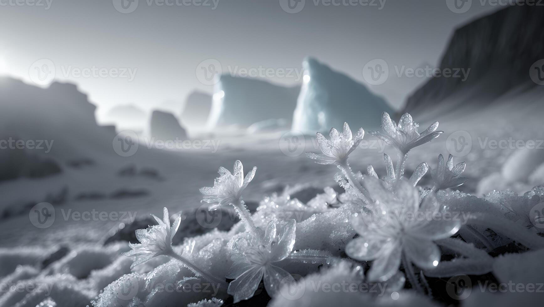 Ice Flowers Bloom in Frozen Landscape with Mountains and Snow photo
