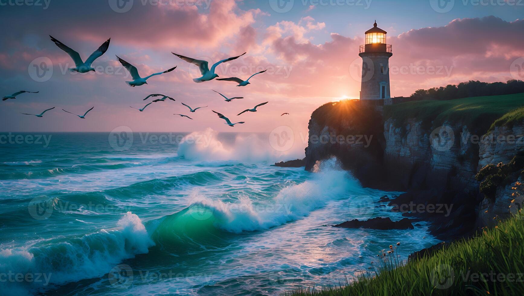 Lighthouse on Cliff at Sunset with Ocean Waves and Flying Birds photo