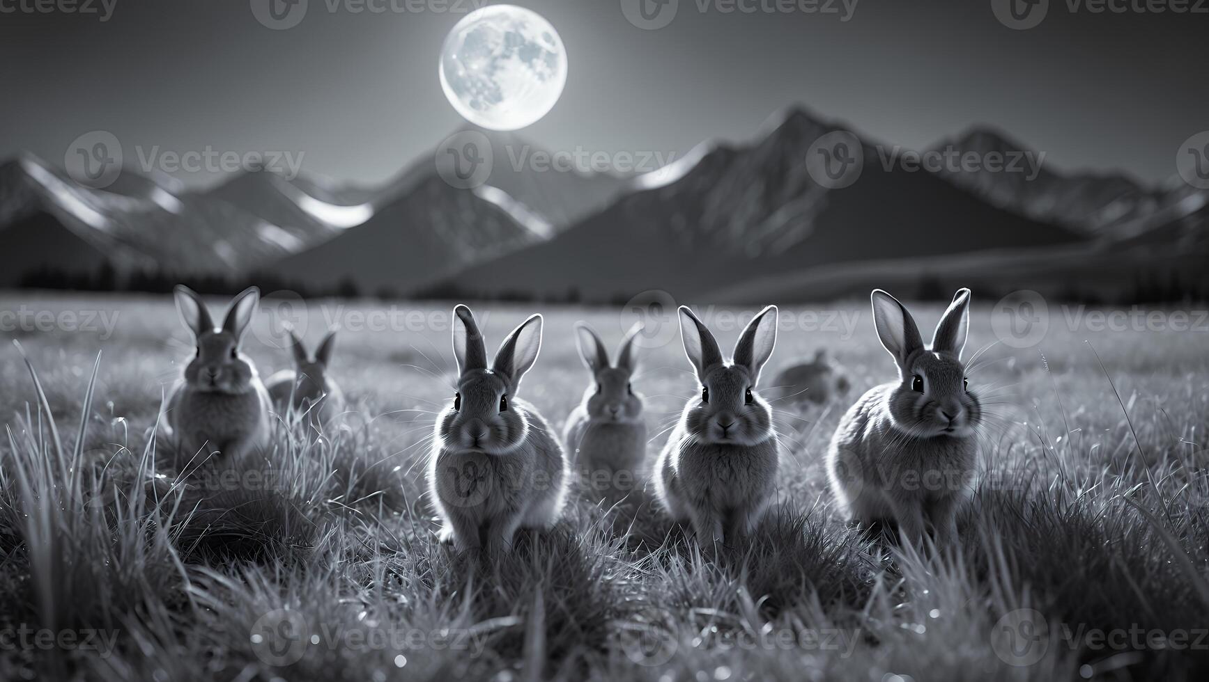 Rabbits in Field at Night Under the Moon Black and White photo