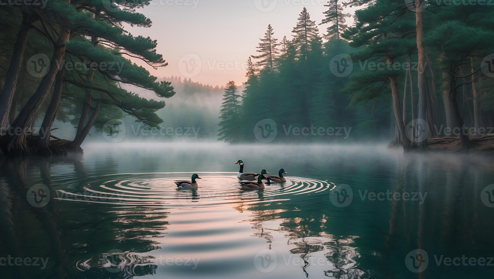 Ducks Swimming on Misty Lake at Dawn Surrounded by Forest photo