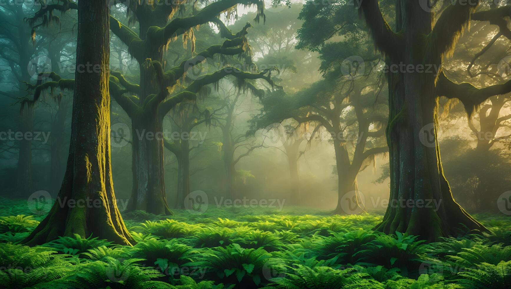 Exploring Foggy Forest with Lush Ferns and Ancient Mossy Trees photo