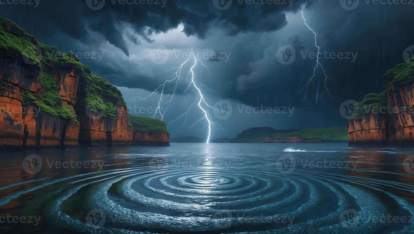 Lightning Strikes Over Calm Waters Surrounded by Green Cliffs Landscape photo