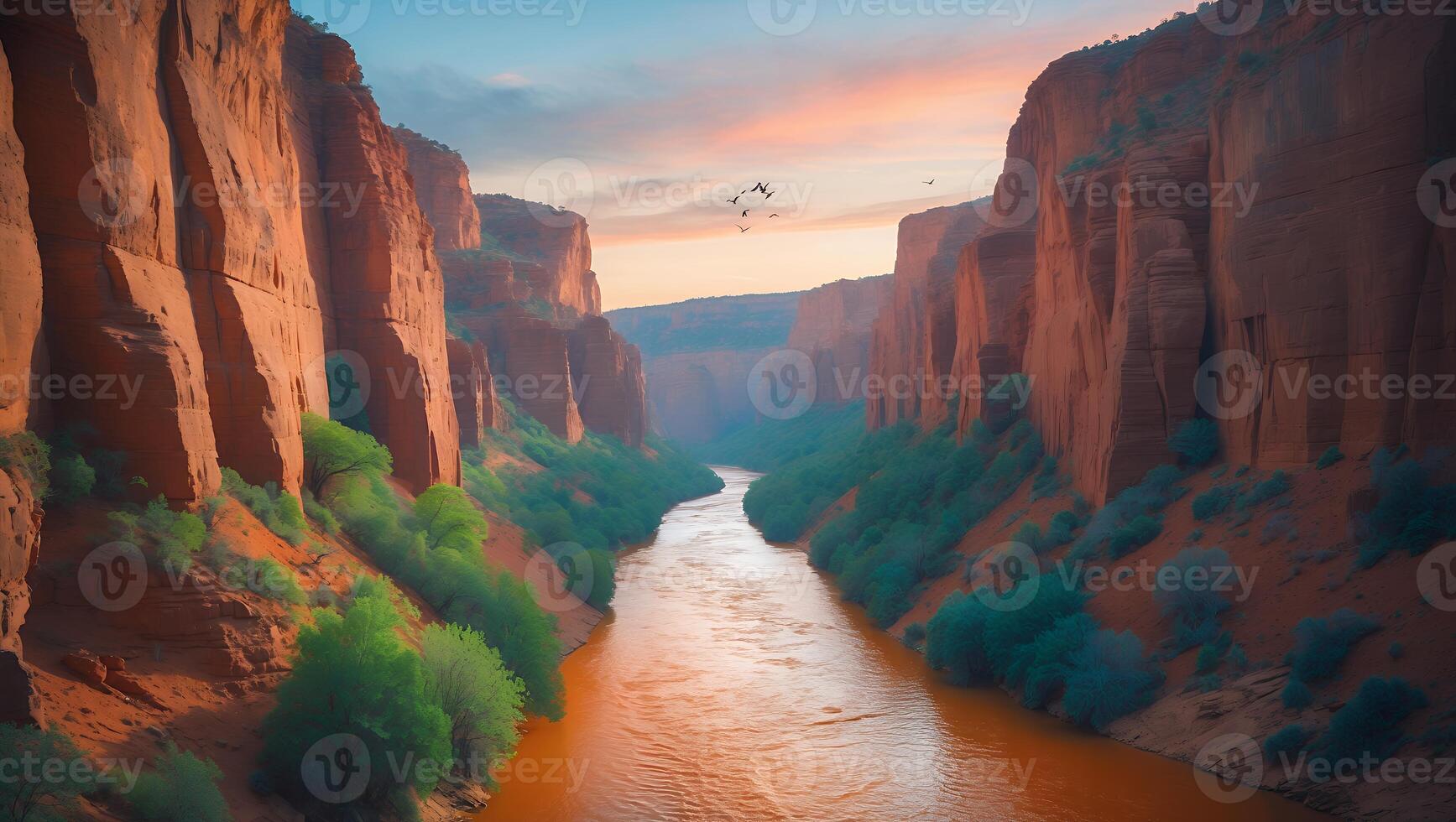 River Flows Through a Canyon with Birds and Scenic Landscape photo