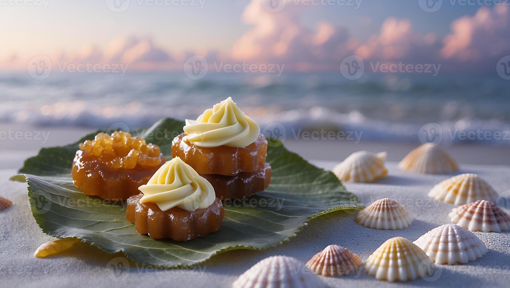 Desserts on Beach with Seashells and Ocean View at Sunset photo
