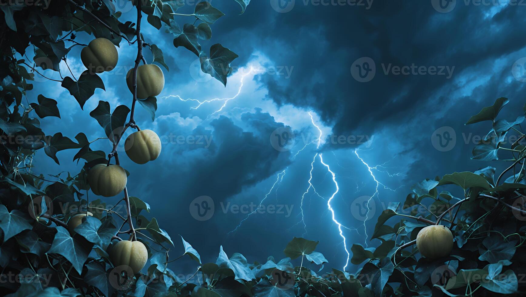 Lightning Strikes During Stormy Night Sky with Branch and Leaf Silhouettes photo