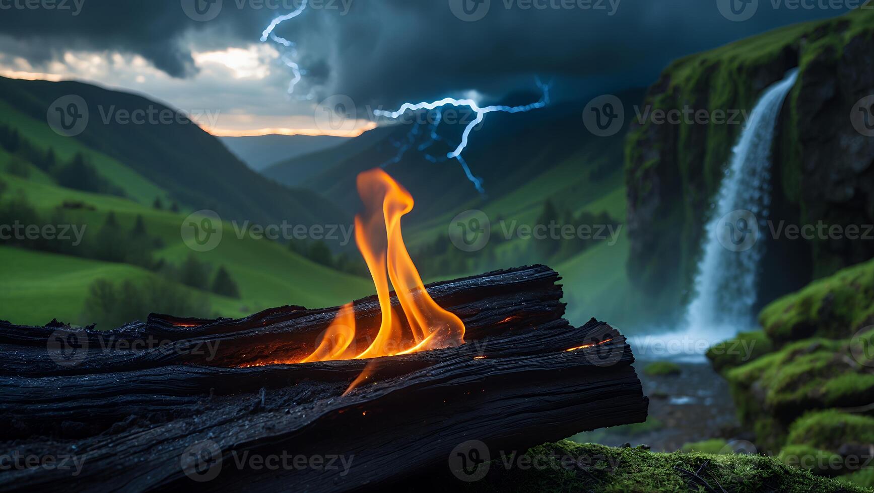 Burning Log with Waterfall and Lightning Backdrop Showcasing Natural Contrast photo