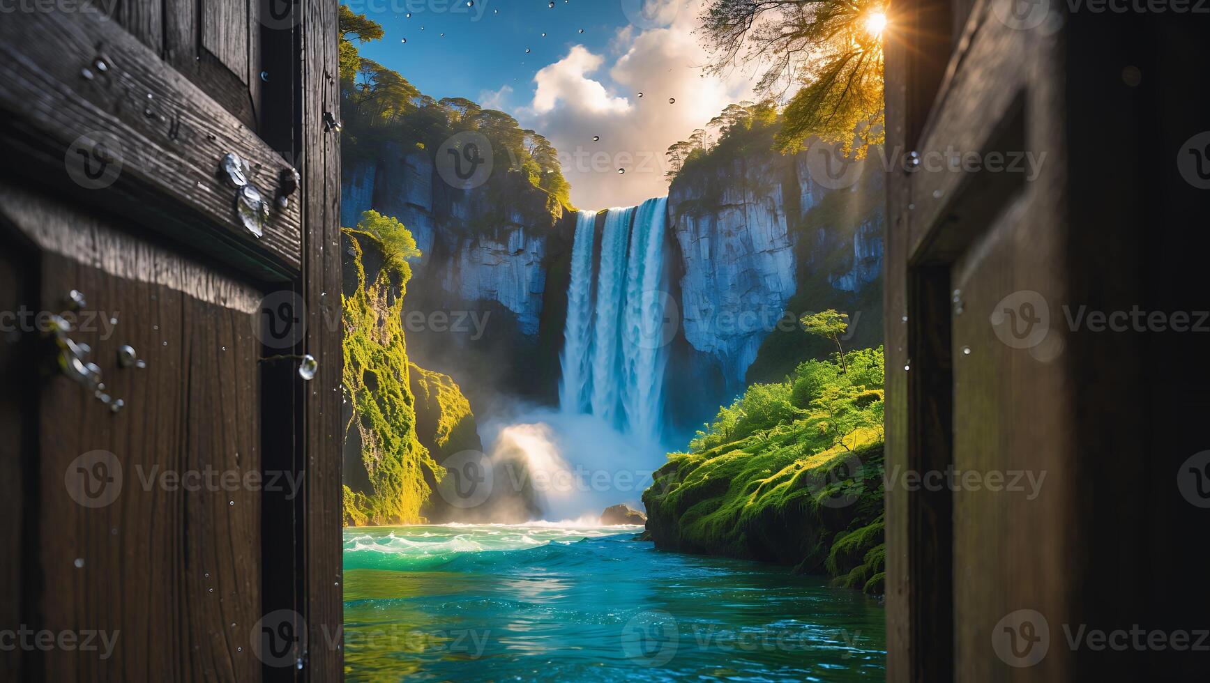 Waterfall Scene Through Open Door Offering a Glimpse Into Nature photo