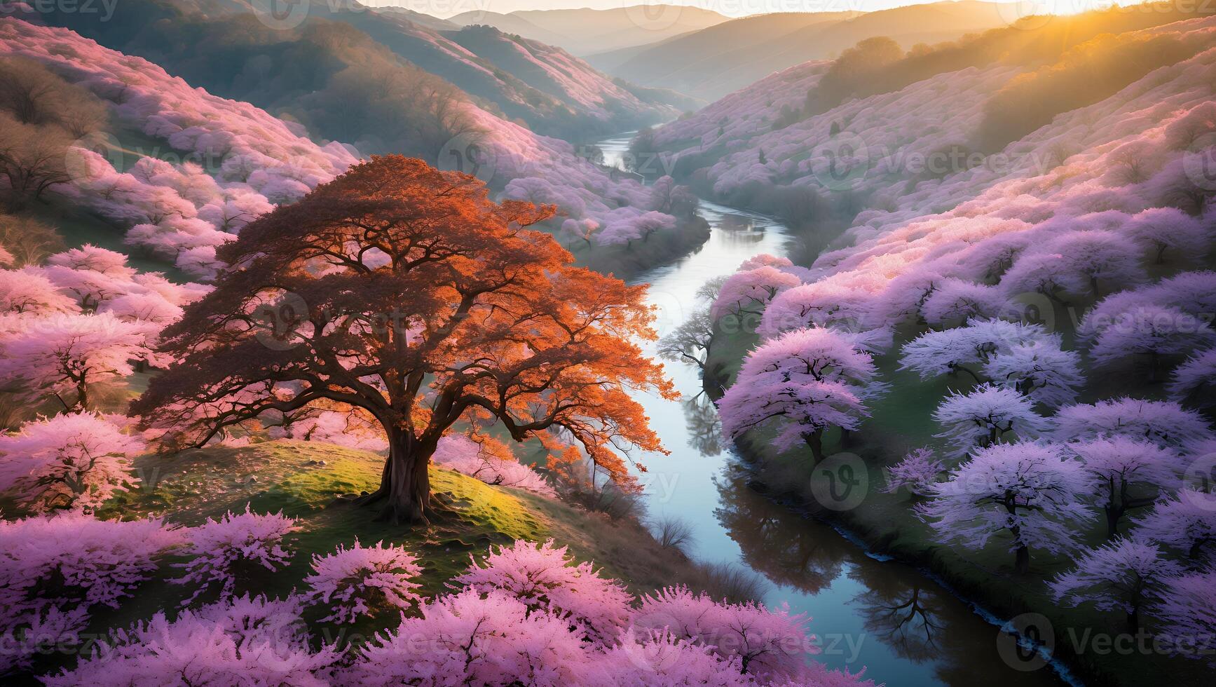 Scenic Landscape with Flowering Trees and River at Golden Hour photo