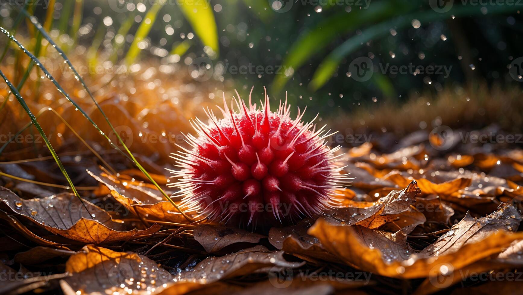 Red Spiky Sphere on Fallen Leaves with Water Droplets Sparkling photo