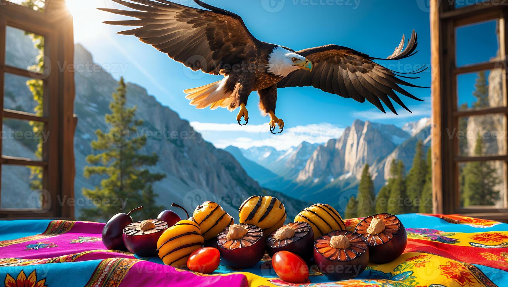 Eagle Flying Above Fruit Still Life with Mountain Background From Window photo